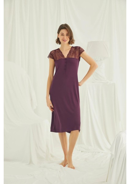 Monamise Kolu Omzu ve Yakası Dantelli Önü Düğmeli Büyük Beden Gecelik fırsatları