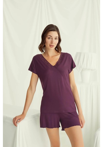 Monamise Kısa Kollu Dantelli V Yaka Şort Takımı