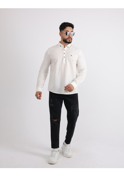 Flam Keten Günlük Minimalist Tarz Erkek Gömlek