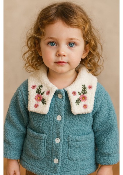 Kız Çocuk Kuzu Welsoft Nakışlı Arkası Atkılı Hırka Yumuşak Dokulu