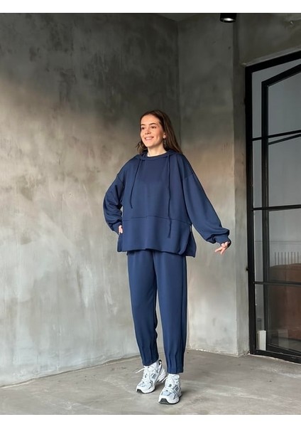 Kadın Oversize Fermuarlı Kapüşonlu Sweatshirt Pileli Paça Tesettüre Uygun Spor Şık Eşofman Takımı