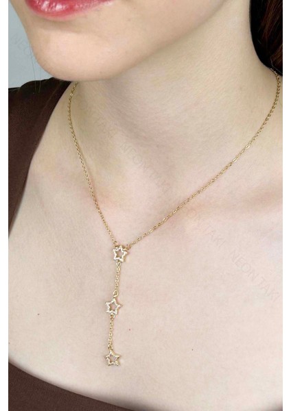 Zirkon Taşlı, Yıldızlı Y Kolye, Paslanmaz Çelik 421, Altın Renk