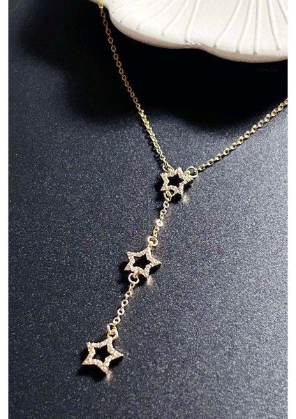 Zirkon Taşlı, Yıldızlı Y Kolye, Paslanmaz Çelik 421, Altın Renk