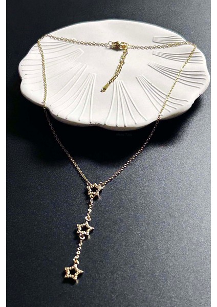 Zirkon Taşlı, Yıldızlı Y Kolye, Paslanmaz Çelik 421, Altın Renk