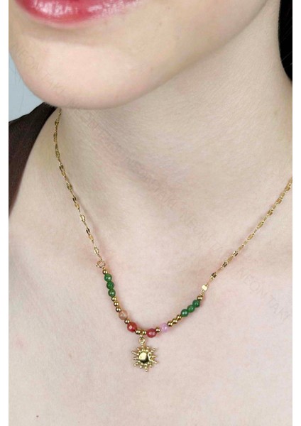 Renkli Taşlı, Paslanmaz Çelik Kolye 409, Altın Renk