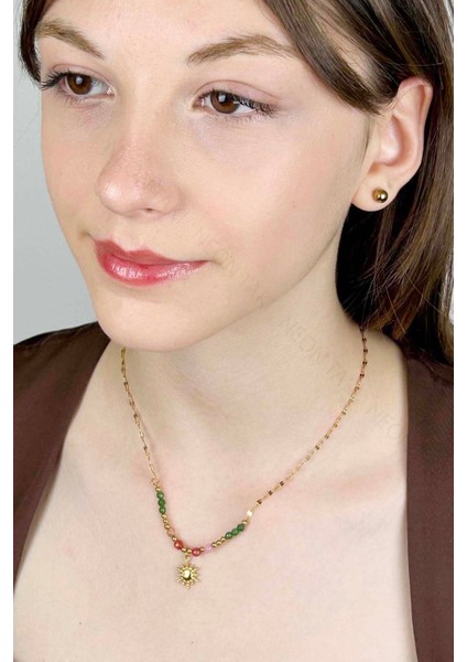 Renkli Taşlı, Paslanmaz Çelik Kolye 409, Altın Renk