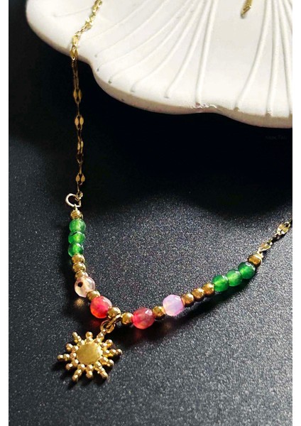 Renkli Taşlı, Paslanmaz Çelik Kolye 409, Altın Renk