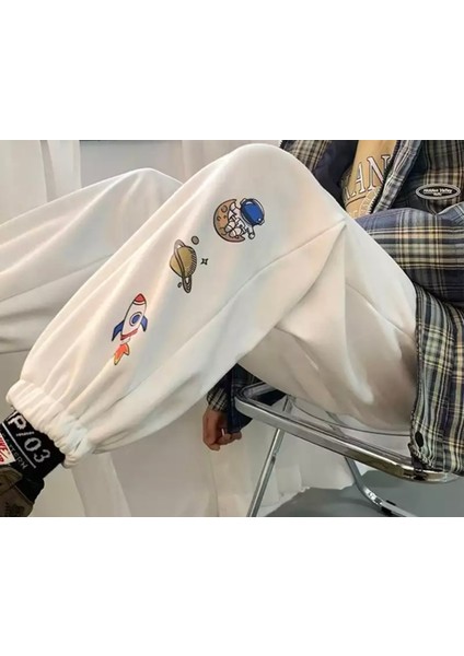 Punıx Büyük Beden Astronot Gezegen Temalı Kalın Kışlık Rahat Kalıp Erkek Eşofman Altı