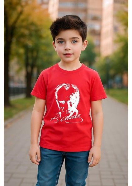 Çocuk Unisex Bisiklet Yaka %100 Pamuk Atatürk Baskılı T-Shirt