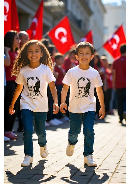 Çocuk Unisex Bisiklet Yaka %100 Pamuk Atatürk Baskılı T-Shirt