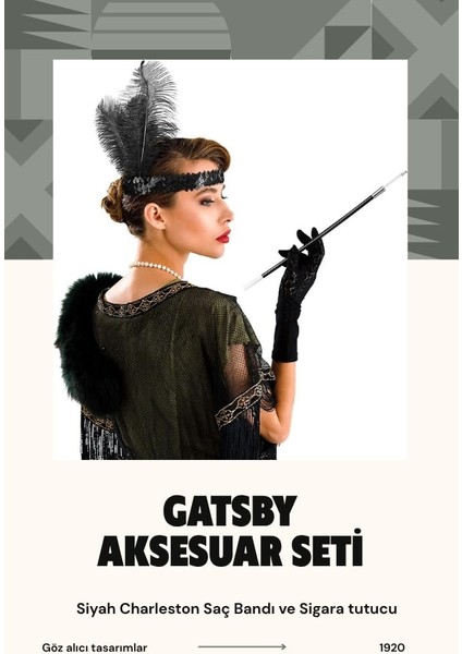1920&#39;LER Gatsby Aksesuar Seti – Siyah Charleston Saç Bandı & Sigaralık