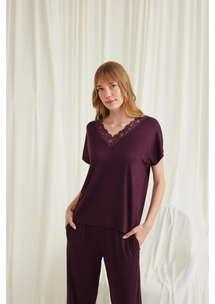 Monamise Kısa Kollu V Yakalı Dantelli Pijama Takımı