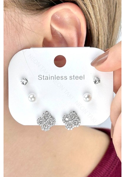 Taşlı, İncili, Yonca Figürlü Set Küpe 652, Gümüş Renk modelleri