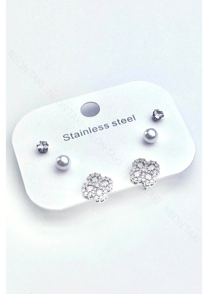 Taşlı, İncili, Yonca Figürlü Set Küpe 652, Gümüş Renk fırsatları