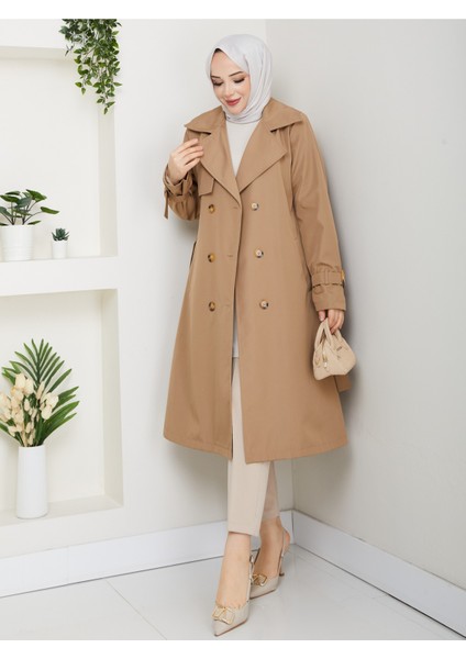 Kadın Astarlı Kruvaze Yaka Kuşaklı Trençkot -PMK471 fiyatları