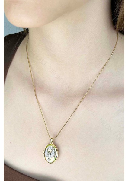 Zirkon Taşlı, Alya, Kapaklı, Paslanmaz Çelik Kolye 424, Altın Renk