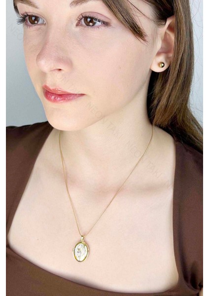 Zirkon Taşlı, Alya, Kapaklı, Paslanmaz Çelik Kolye 424, Altın Renk