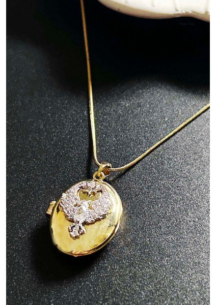 Zirkon Taşlı, Alya, Kapaklı, Paslanmaz Çelik Kolye 424, Altın Renk