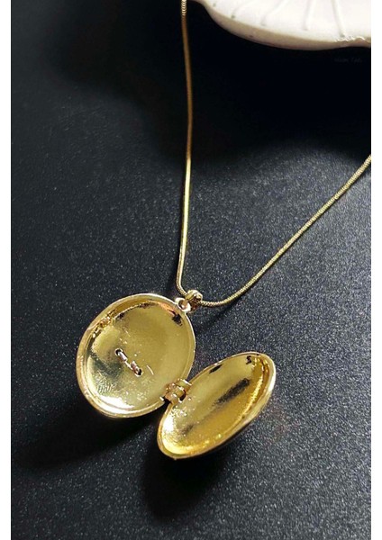 Zirkon Taşlı, Alya, Kapaklı, Paslanmaz Çelik Kolye 424, Altın Renk