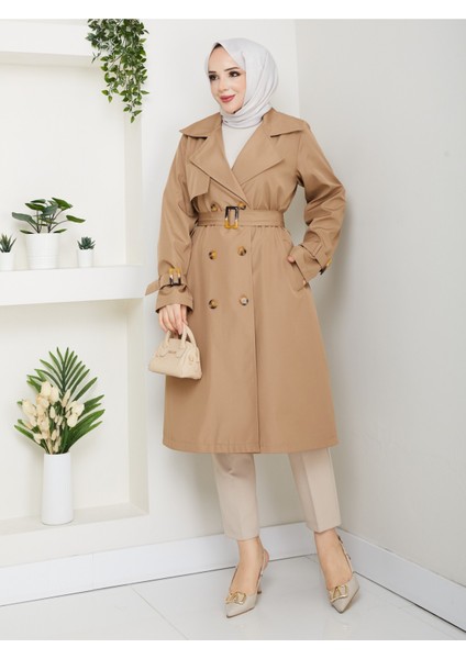 Kadın Astarlı Kruvaze Yaka Kuşaklı Trençkot -PMK471