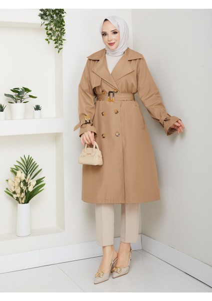 Kadın Astarlı Kruvaze Yaka Kuşaklı Trençkot -PMK471 fırsatları