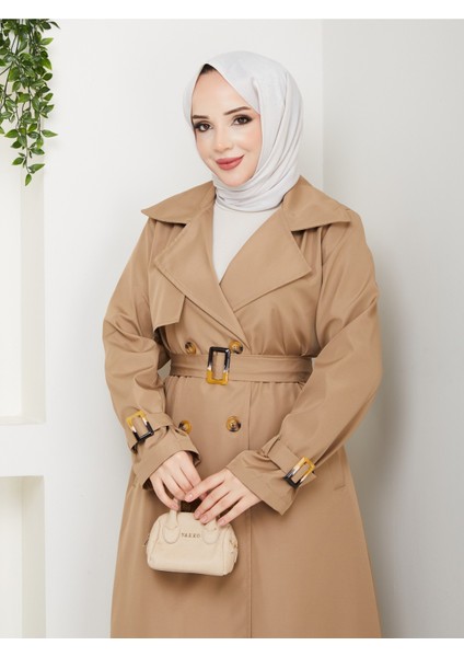 Kadın Astarlı Kruvaze Yaka Kuşaklı Trençkot -PMK471 indirimleri