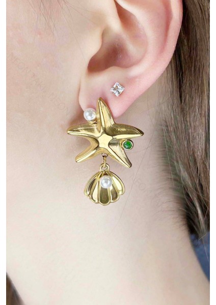 İncili, Deniz Yıldızlı Paslanmaz Çelik Küpe 638, Altın Renk fırsatları