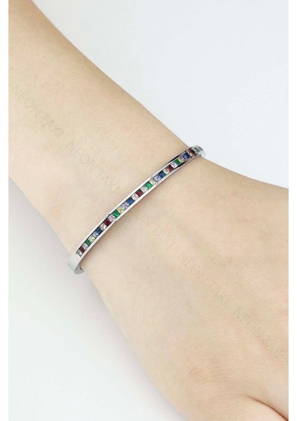 Zirkon Renkli Taşlı, Paslanmaz Çelik Kelepçe 177, Gümüş Renk indirimleri