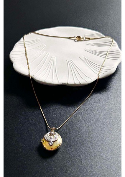 Zirkon Taşlı, Alya, Kapaklı, Paslanmaz Çelik Kolye 424, Altın Renk