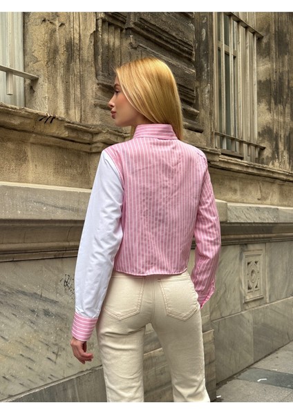 Kadın Özel Tasarım Yaka Koldan Giymeli Düğmeli Çizgi Garnili Crop Boy Tesettüre Uygun Bluz Gömlek modelleri