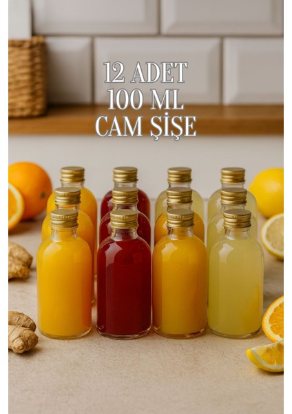 12 Adet Şeffaf Cam Shot Şişesi Sızdırmaz Gold Metal Kapaklı Kolonya Koku Süs Çok Amaçlı Şişe 100ML