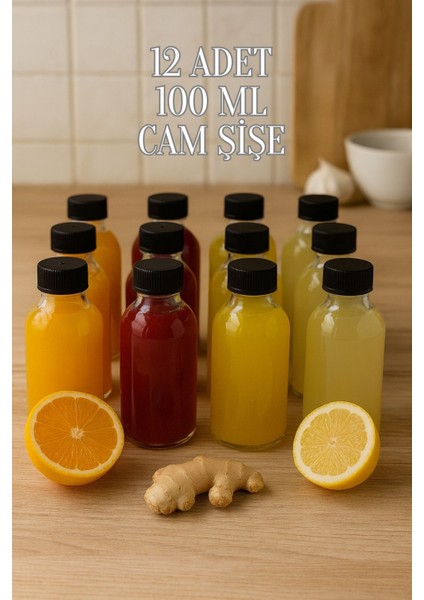 12 Adet Cam Shot Şişesi Sızdırmaz Siyah Plastik Kapaklı Kolonya Koku Süs Çok Amaçlı Şişe 100ML