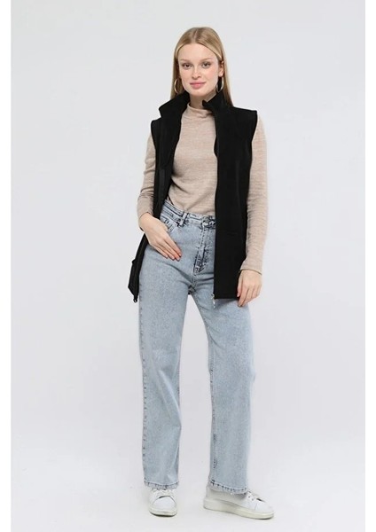 Yakalı Siyah Polar Yelek