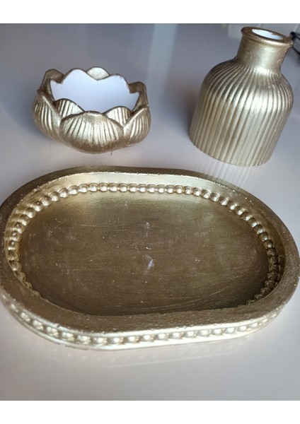 Dekoratif 3'lü Set Tepsi&vazo&lotus