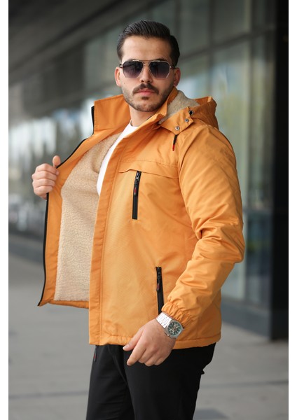 Erkek Içi Kürklü Kapüşonu Çıkarılabilir Su ve Rüzgar Geçirmez Kalın Mont