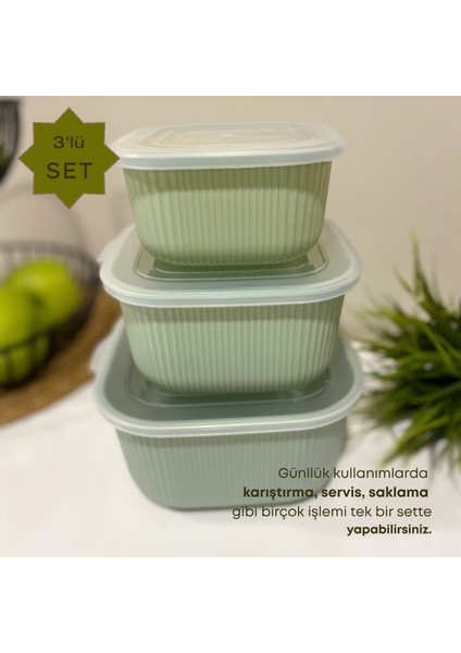Şeffaf Kapaklı 3'lü Saklama Kabı , Kare Kase Seti