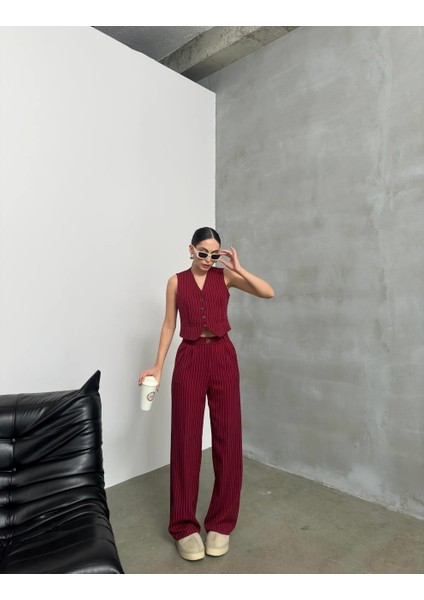 Kadın Bordo Çizgili Takım – Şık, Modern ve Zamansız Stil | Crop Yelek & Palazzo Pantolon Takımı fırsatları