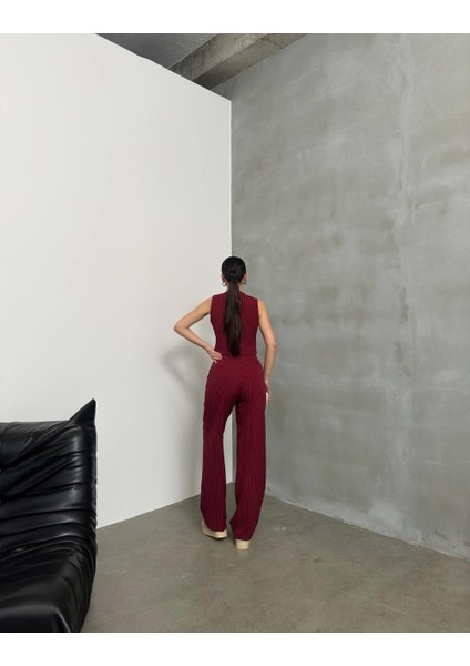 Kadın Bordo Çizgili Takım – Şık, Modern ve Zamansız Stil | Crop Yelek & Palazzo Pantolon Takımı indirimleri