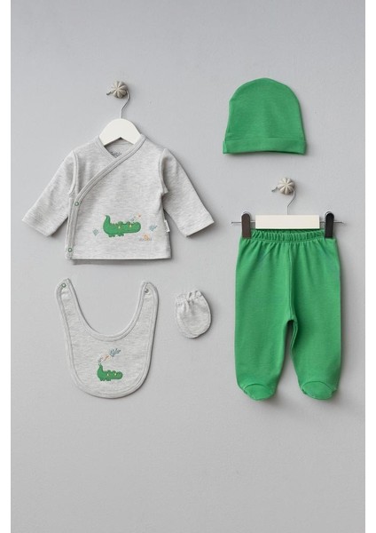 %100 Pamuk Sevimli Kuş ve Timsah Desenli Bebek 5 Parça Yenidoğan Hastane Çıkışı Zıbın Seti BBTF.GRM.20108