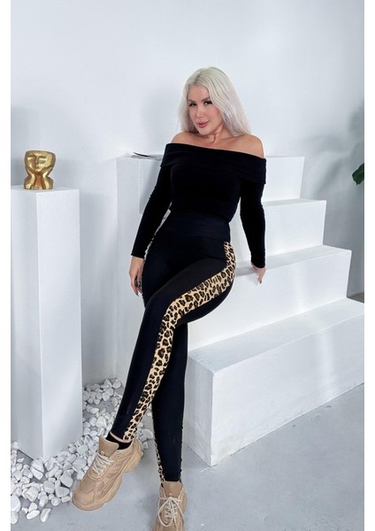 Kadın Full Likralı Mikro Dalgıç Kumaş Leopar Desenli Yüksek Bel Tayt