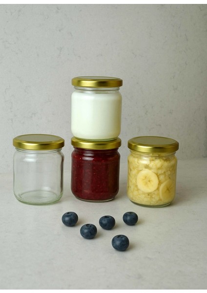 4 Adet 210 ml Cam Kavanoz Mama Yoğurt Saklama Metal Gold Altın Konserve Kapaklı 210 cc