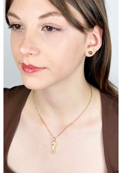 Deniz Atı Figürlü, Paslanmaz Çelik Kolye 412, Altın Rengi