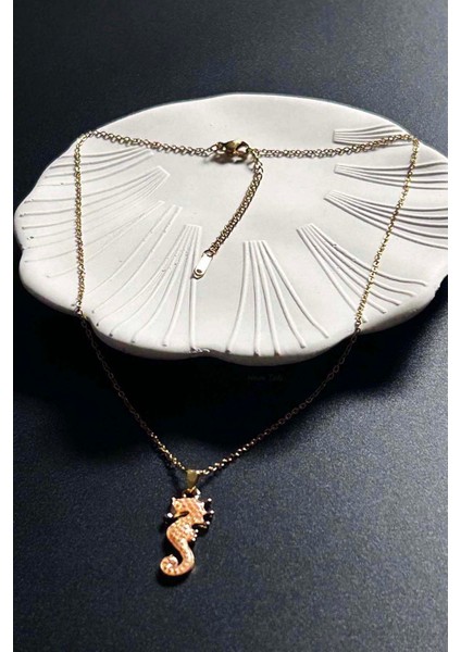 Deniz Atı Figürlü, Paslanmaz Çelik Kolye 412, Altın Rengi