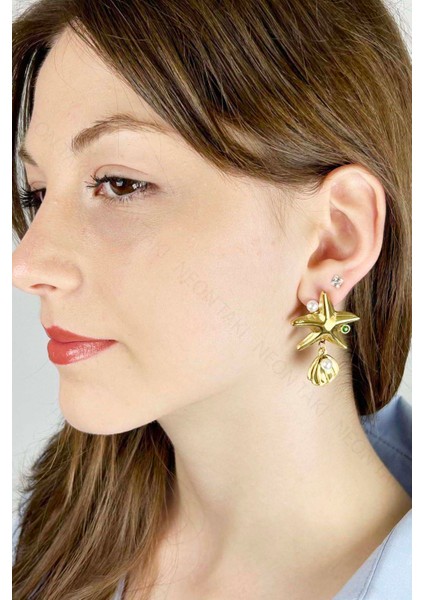 İncili, Deniz Yıldızlı Paslanmaz Çelik Küpe 638, Altın Renk indirimleri