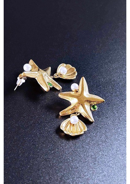 İncili, Deniz Yıldızlı Paslanmaz Çelik Küpe 638, Altın Renk