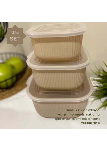 Şeffaf Kapaklı 3'lü Saklama Kabı , Kare Kase Seti