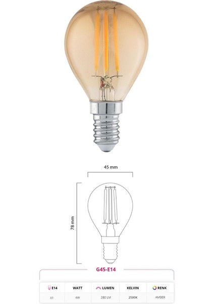 G45 Rustik LED Ampul 4W E14 Duy 2700K Amber Cam Dekoratif Vintage Aydınlatma Tekli Sarı Işık E14 Rus