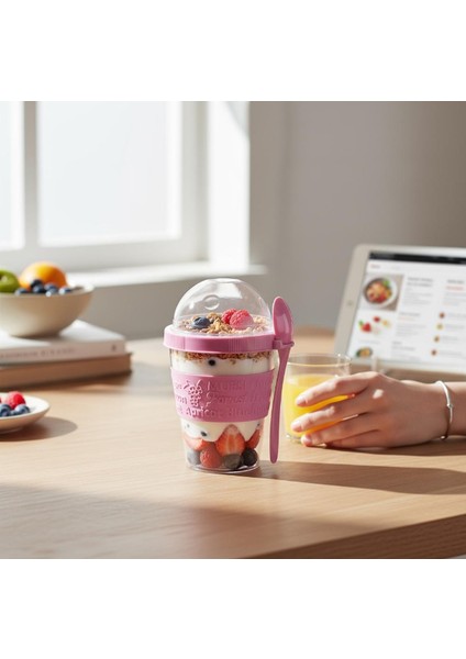 Titiz 600 ml Kaşıklı Yoğurt & Müsli Kabı - Taşınabilir Kase - Pembe