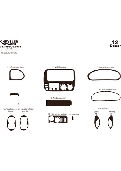 Chrysler Voyager Konsol-Torpido Kaplama 1996-2001 12 Parça Koyu Meşe