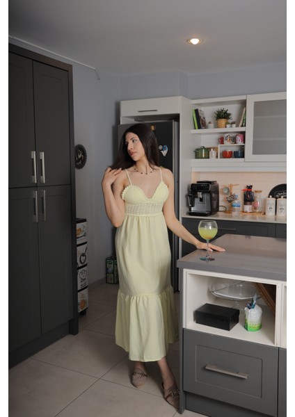 Sarı Örme Göğüs Detaylı Elbise indirimleri